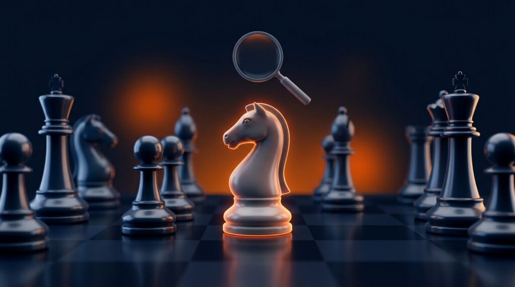 How to choose an SEO agency - premium 3D chess pieces with a highlighted knight and magnifying glass