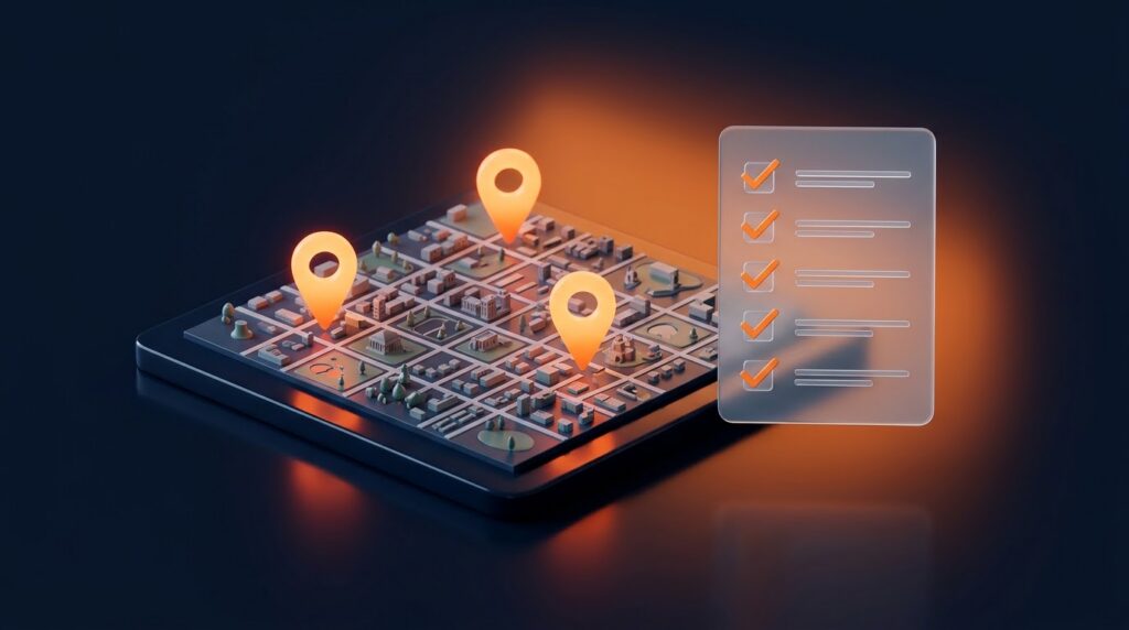 Local SEO checklist for UK small businesses - premium 3D town map with glowing location pins and checklist