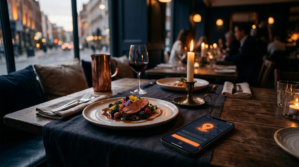 Restaurant marketing UK - premium photo of an elegant restaurant table with a phone showing online booking