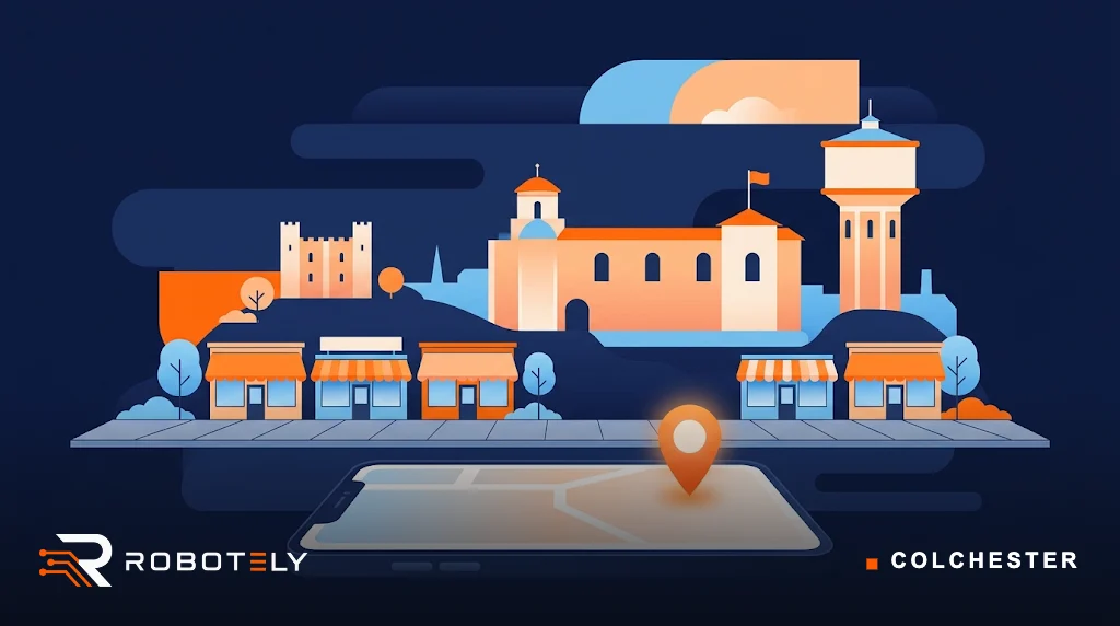 Illustration of Colchester with the castle, Jumbo water tower and local shops