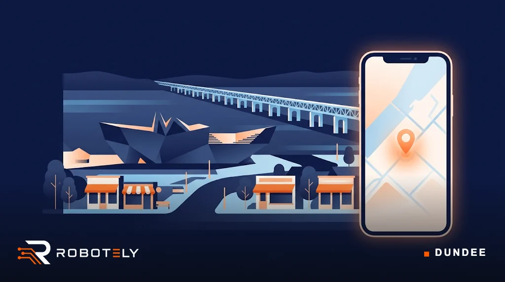 Illustration of the Dundee waterfront on the River Tay with local shops