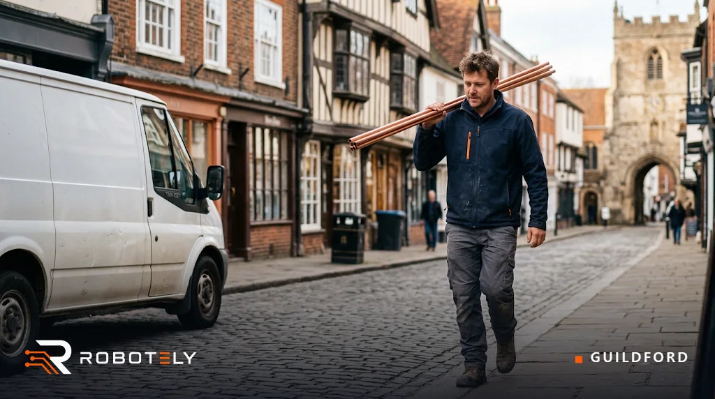 Plumber on the cobbled high street in Guildford
