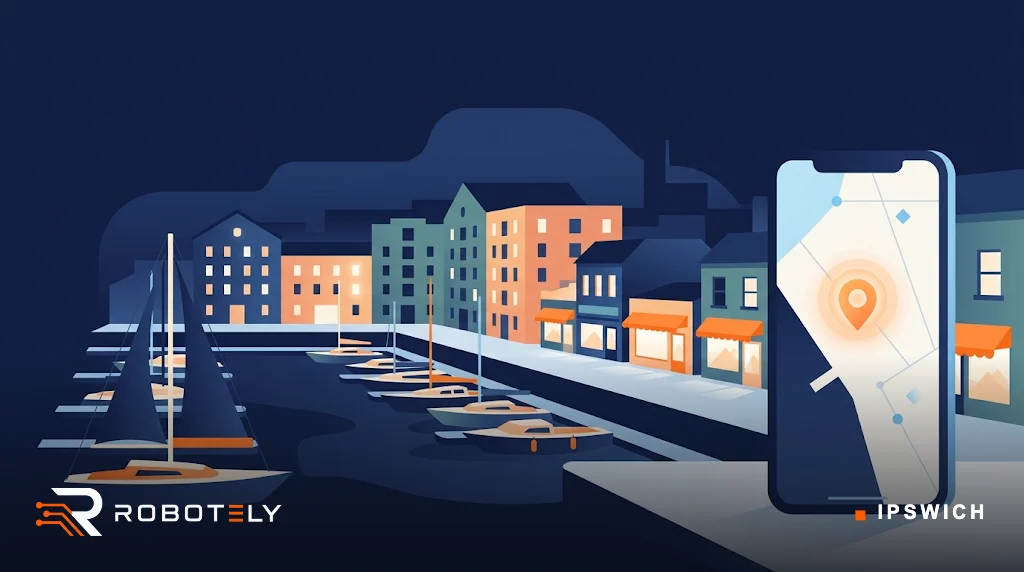 Illustration of the Ipswich waterfront marina with local shops