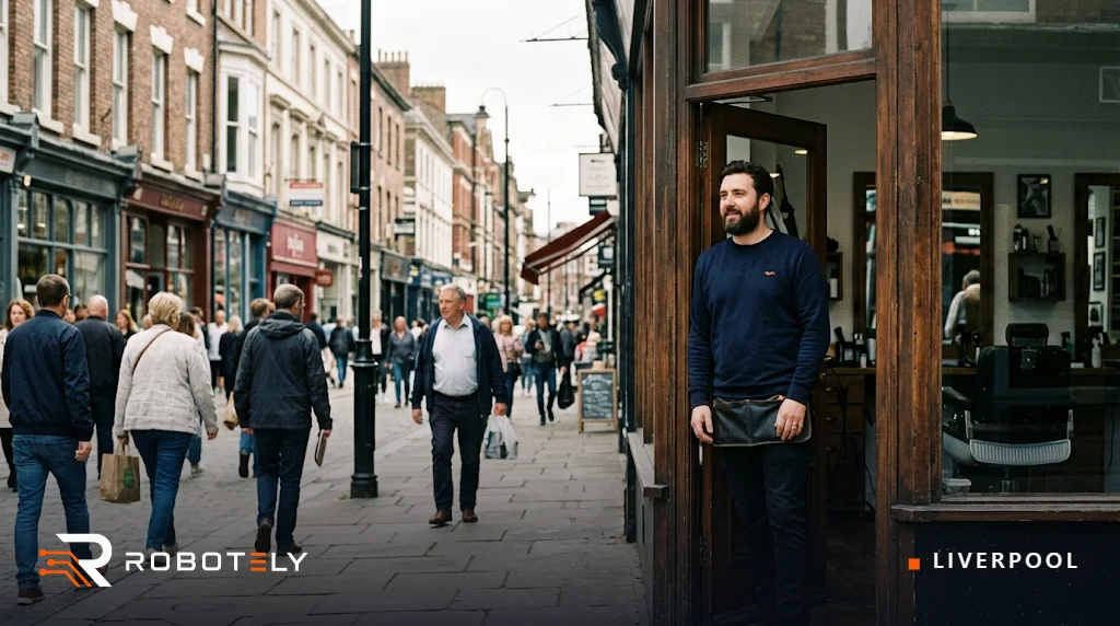 Barber outside his shop in Liverpool