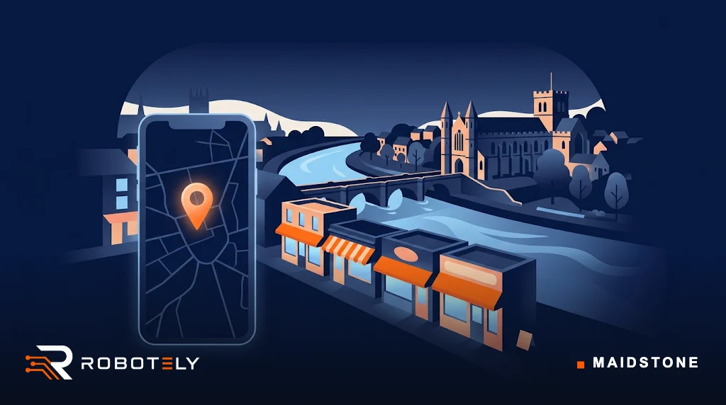 Illustration of Maidstone with the River Medway, Archbishop’s Palace and local shops