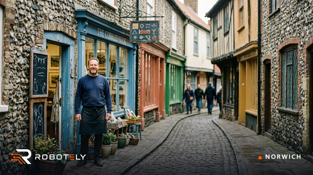 Independent shop owner in the Norwich Lanes