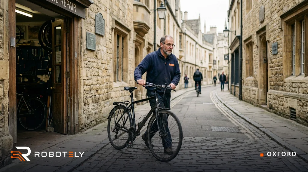 Bike repair shop owner on an Oxford street