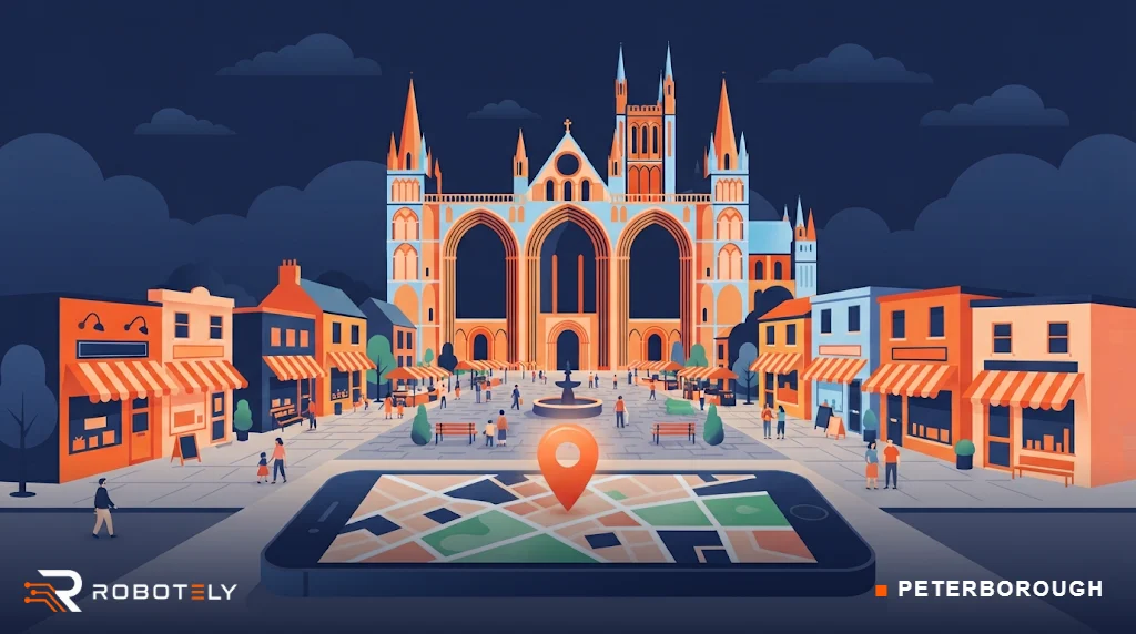 Illustration of Peterborough with the cathedral west front, market square and local shops
