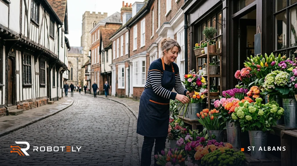 Florist outside her shop in St Albans