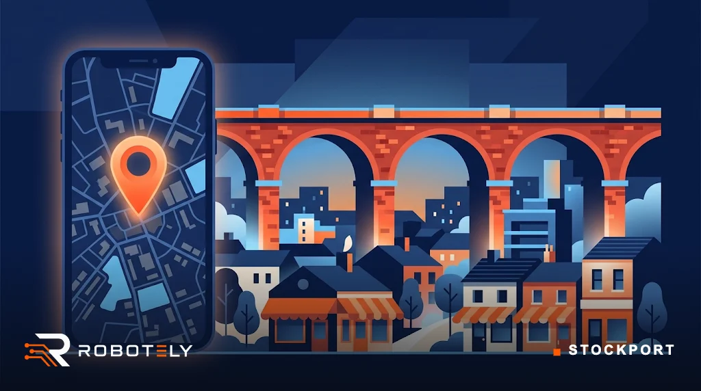 Illustration of Stockport with the railway viaduct and local shops