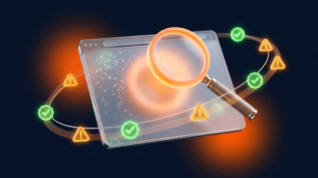 SEO audit checklist - premium 3D illustration of a website under a magnifying glass