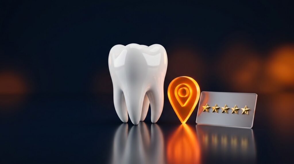 SEO for dentists UK - premium 3D illustration of a tooth with map pin and five-star reviews