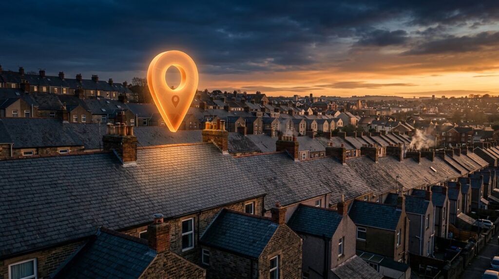 SEO for roofers UK - premium photo of British rooftops with a glowing map pin
