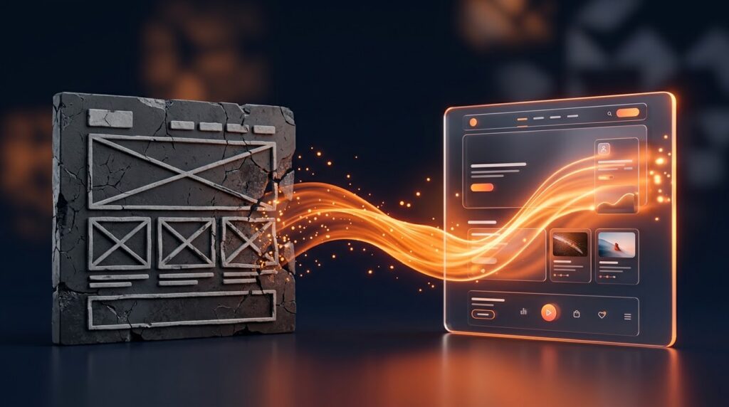 Website redesign without losing SEO - premium 3D illustration of an old website transforming into a modern one